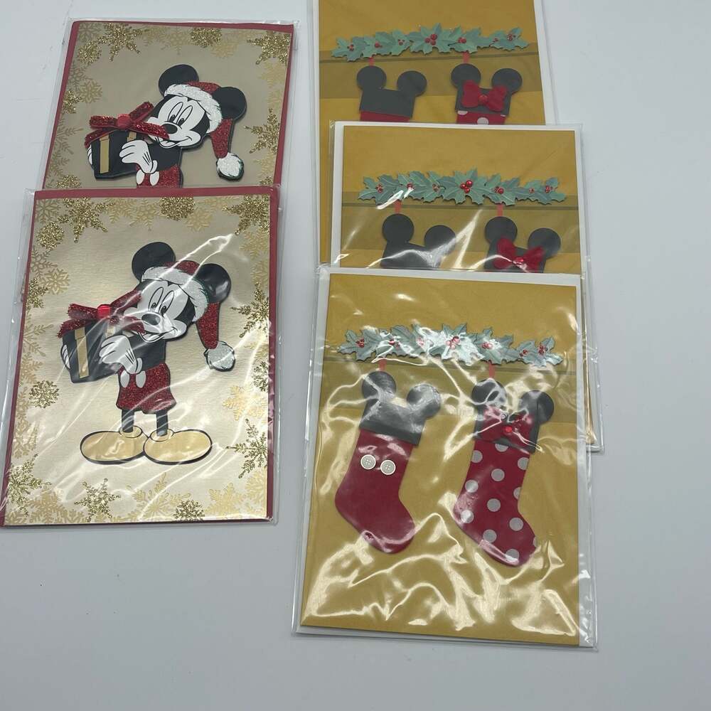 Papyrus Disney Mickey Mouse Christmas Card with Glitter and Stockings set of 5